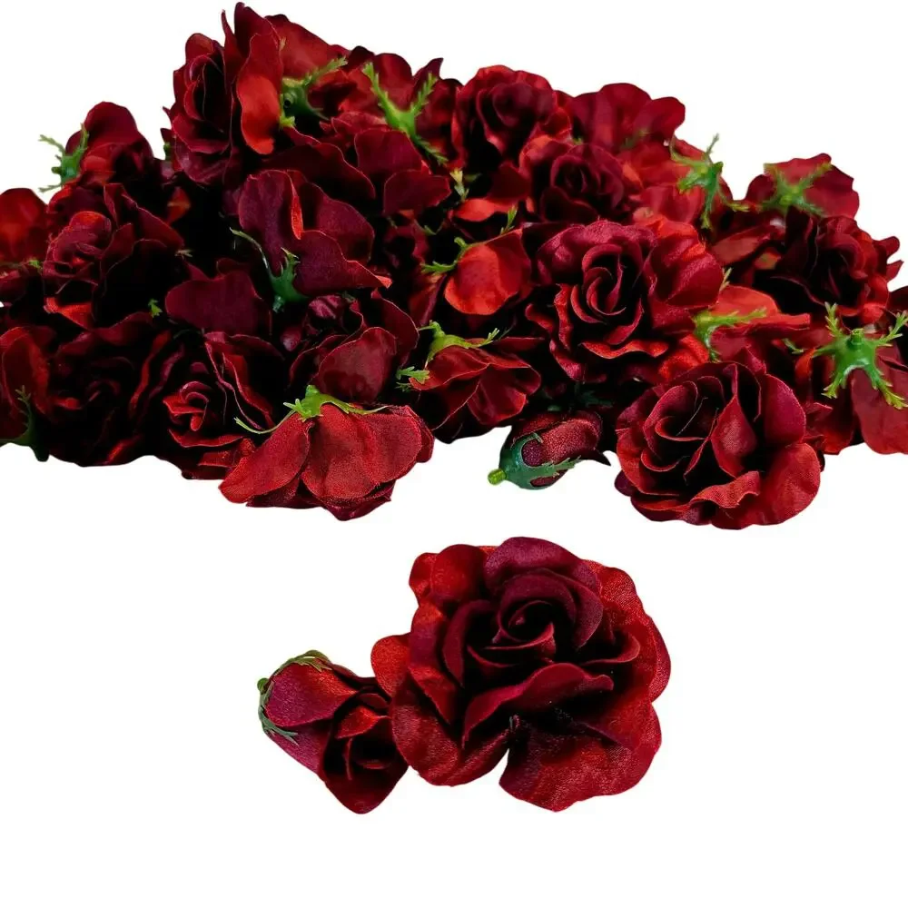 105 Burgundy Red Satin Rose Heads Lot Open Roses Buds Stemless Wedding Craft